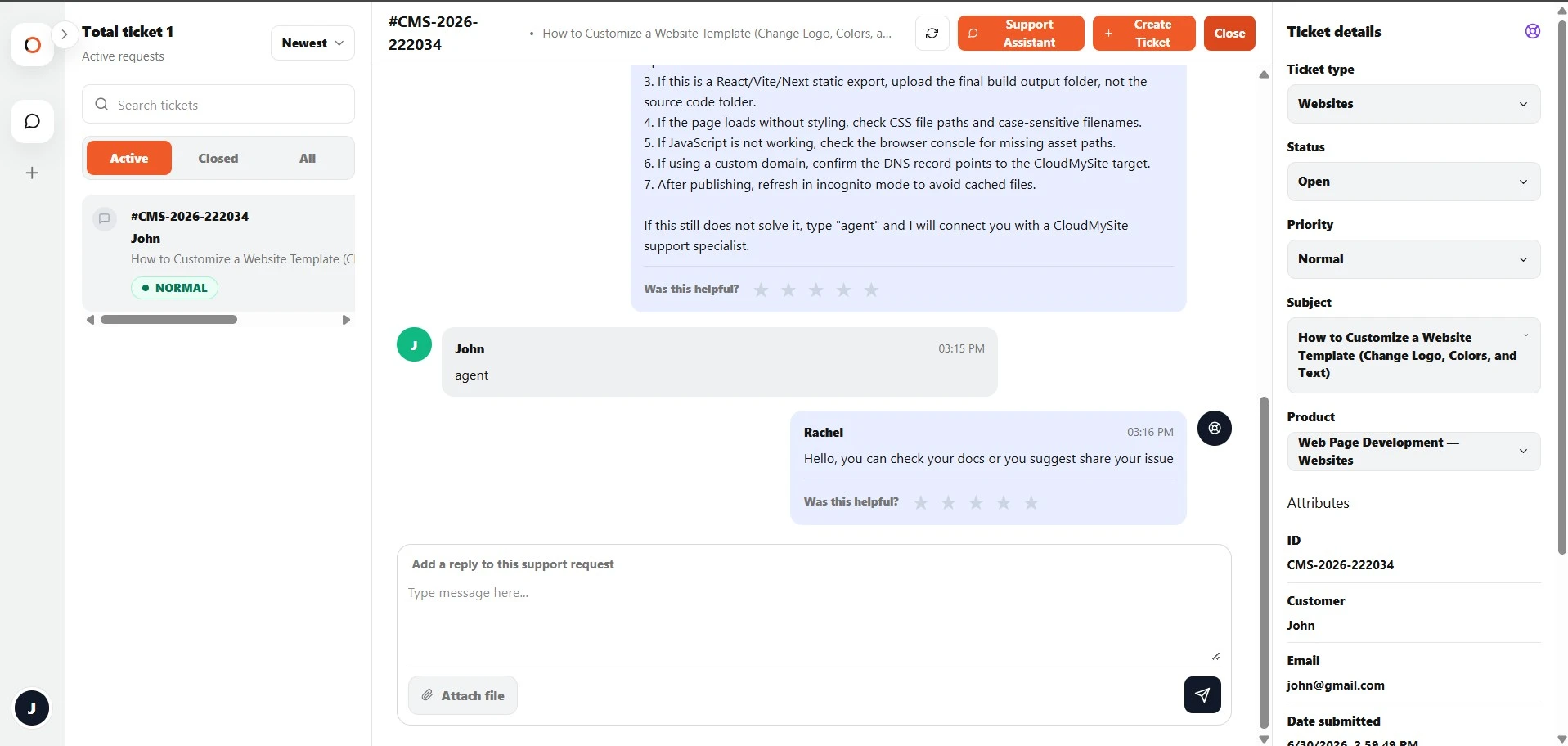 Assistant transcript in ticket
